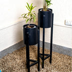Plant Stand Set - 2-Piece Modern Metal Planter with Tall Metal Stand - Decorative Standing Flower Succulent Pot Holder, Indoor Outdoor Black