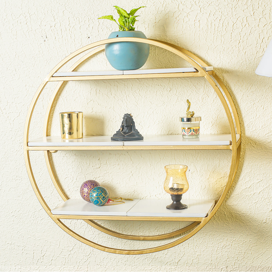 Modern Round Shaped Wall Mount Shelf Made of Iron and Wood (No. of Shelves - 3, Color - Gold & White)