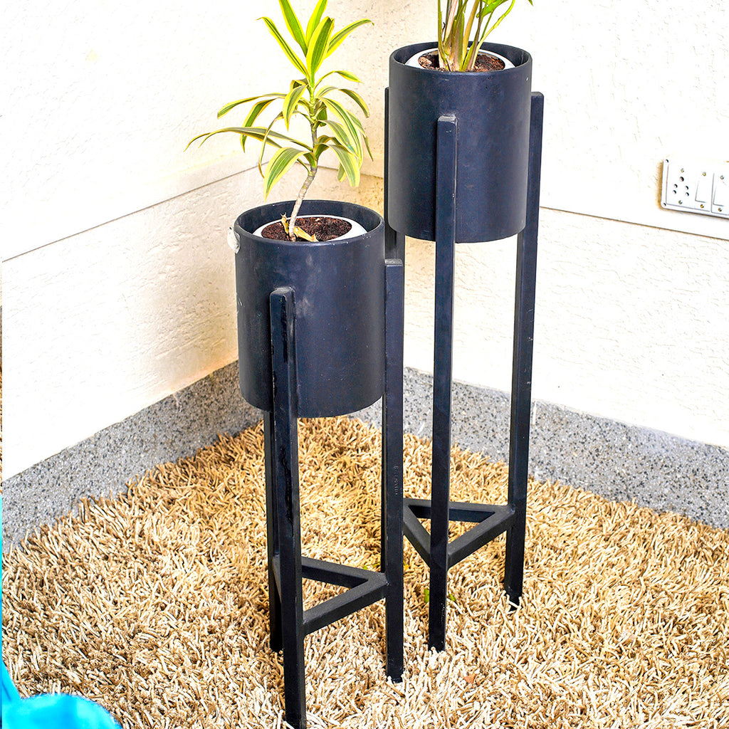 Plant Stand Set - 2-Piece Modern Metal Planter with Tall Metal Stand - Decorative Standing Flower Succulent Pot Holder, Indoor Outdoor Black