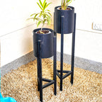 Plant Stand Set - 2-Piece Modern Metal Planter with Tall Metal Stand - Decorative Standing Flower Succulent Pot Holder, Indoor Outdoor Black