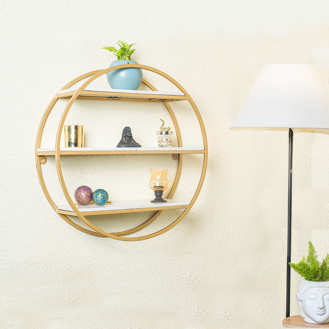 Modern Round Shaped Wall Mount Shelf Made of Iron and Wood (No. of Shelves - 3, Color - Gold & White)