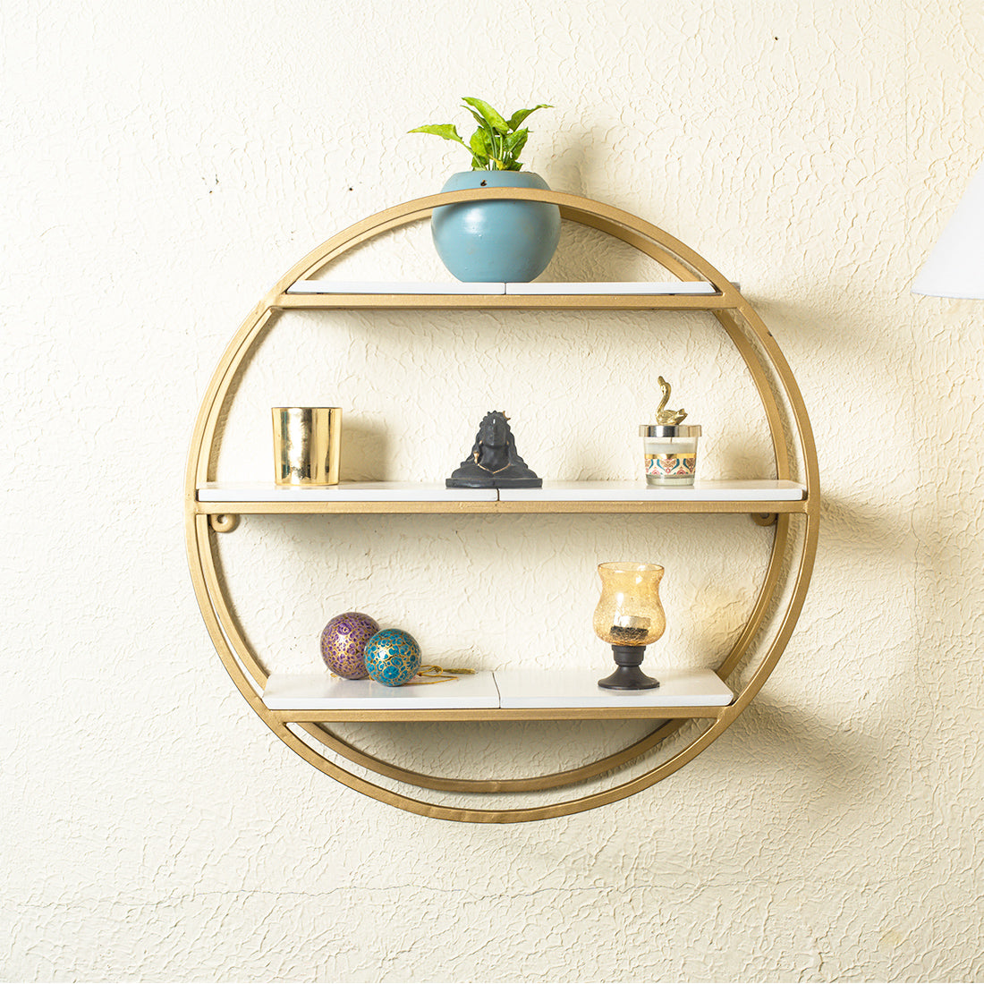 Modern Round Shaped Wall Mount Shelf Made of Iron and Wood (No. of Shelves - 3, Color - Gold & White)