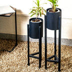Plant Stand Set - 2-Piece Modern Metal Planter with Tall Metal Stand - Decorative Standing Flower Succulent Pot Holder, Indoor Outdoor Black