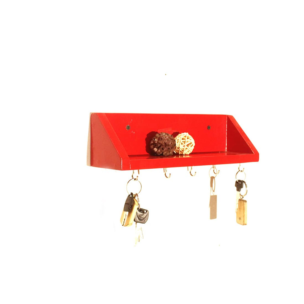 Unique Style Floating Wall Shelves, Decorative Wood Shelf for Living Room, Bedroom, Kitchen, Office, Easy to Assemble Modern Wooden Wall Mounted Shelves Key Holder (5 Hooks, Brown, Black, Red, White, Yellow)