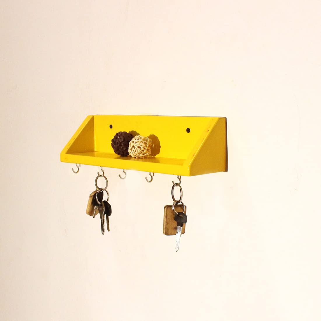 Unique Style Floating Wall Shelves, Decorative Wood Shelf for Living Room, Bedroom, Kitchen, Office, Easy to Assemble Modern Wooden Wall Mounted Shelves Key Holder (5 Hooks, Brown, Black, Red, White, Yellow)