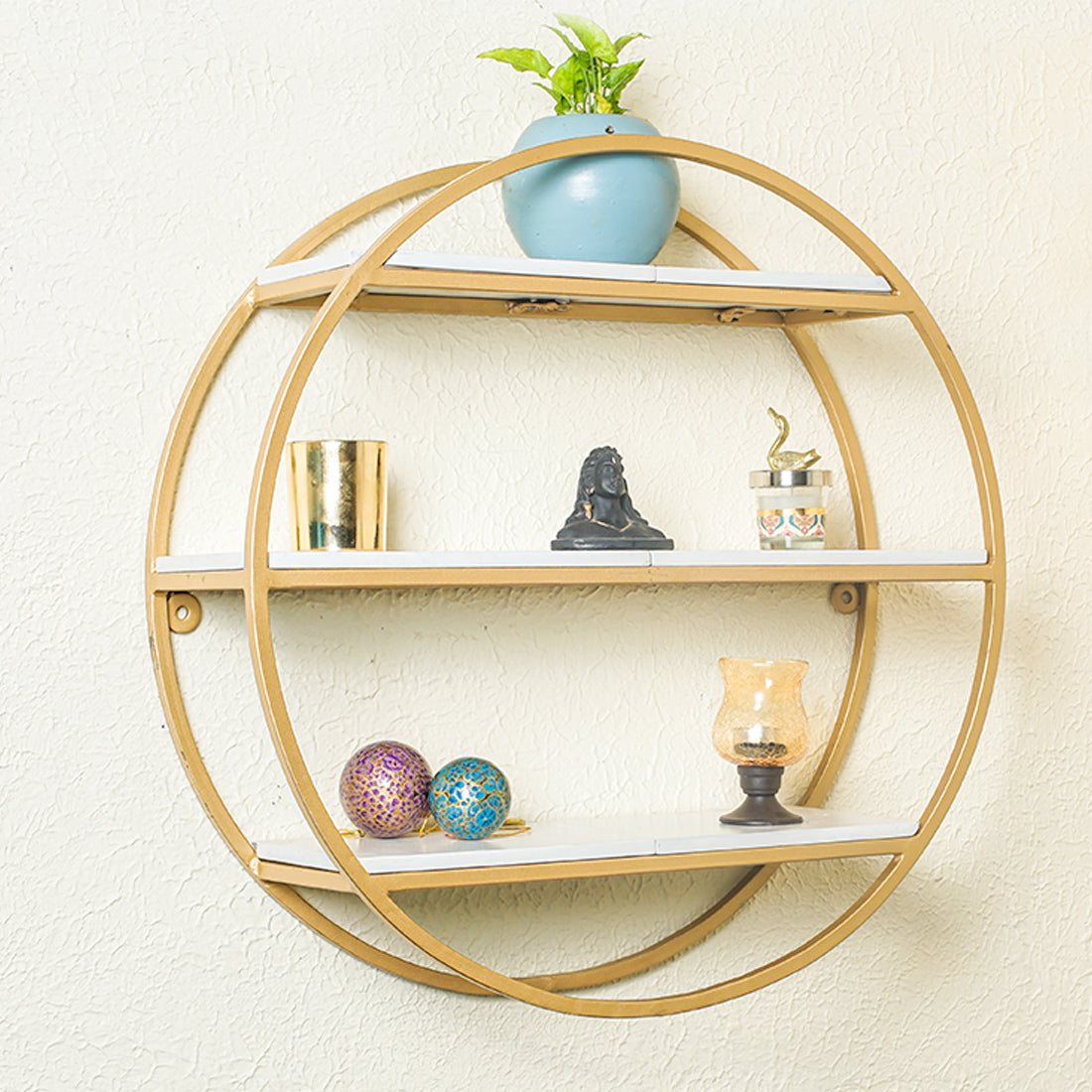 Modern Round Shaped Wall Mount Shelf Made of Iron and Wood (No. of Shelves - 3, Color - Gold & White)