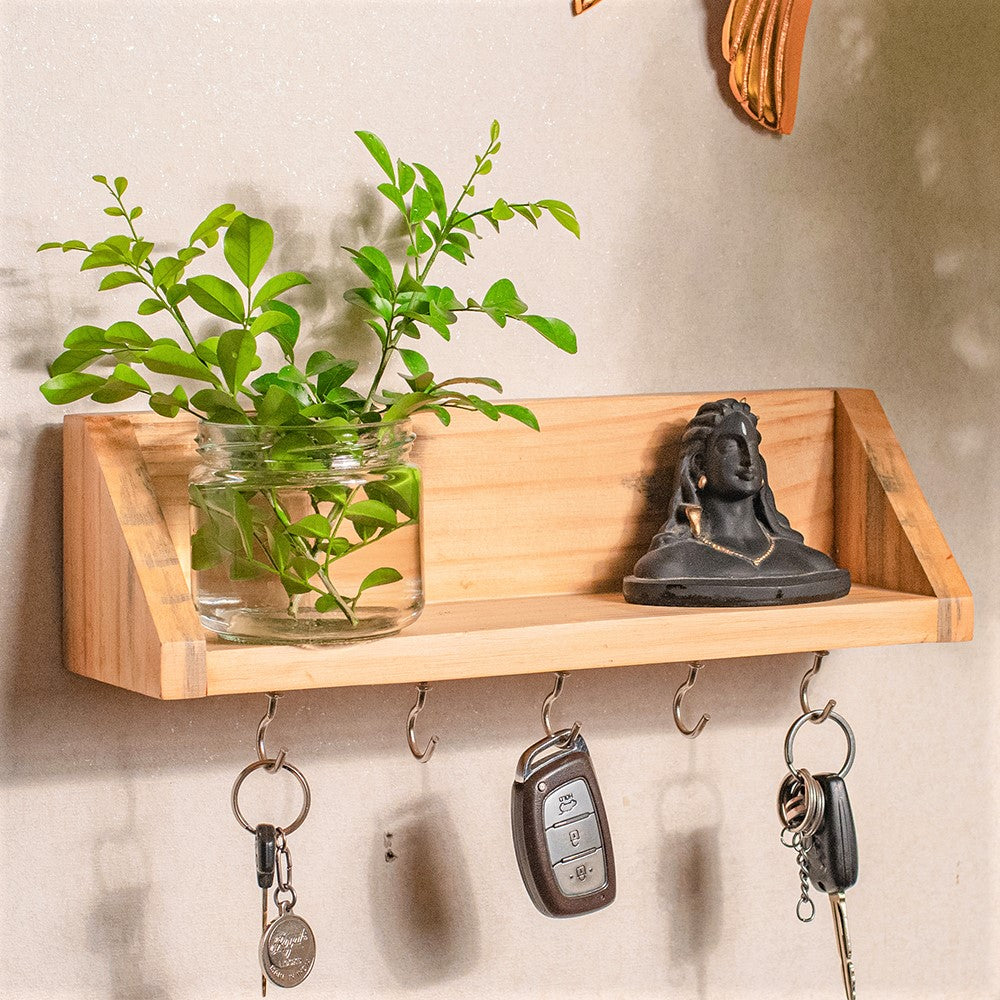 Unique Style Floating Wall Shelves, Decorative Wood Shelf for Living Room, Bedroom, Kitchen, Office, Easy to Assemble Modern Wooden Wall Mounted Shelves Key Holder (5 Hooks, Brown, Black, Red, White, Yellow)
